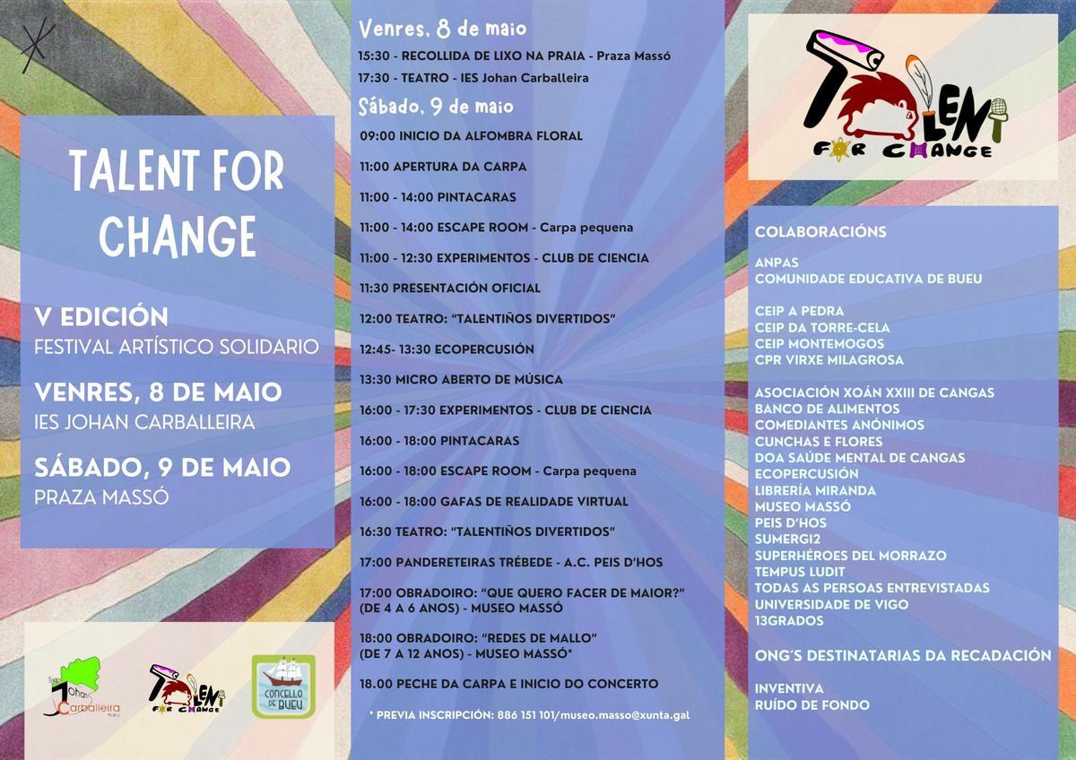 El cartel con la programación completa del Festival Talent for Change de Bueu, entre el viernes y el sábado.