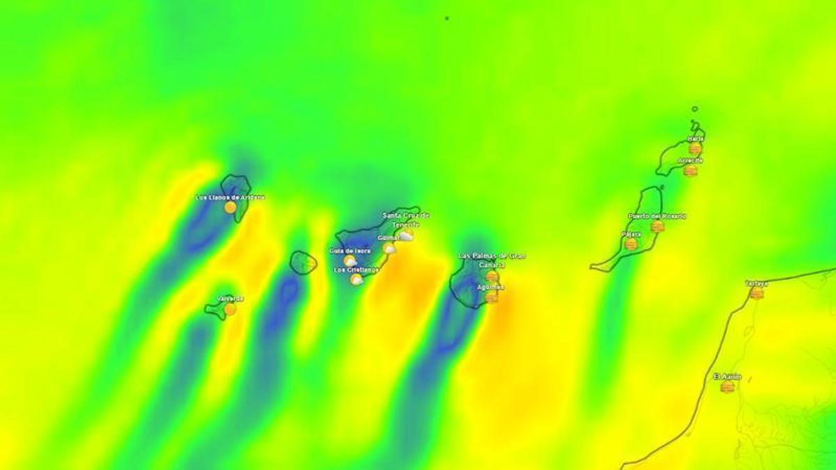 Mapa meteorológico sobre las rachas de viento en Canarias