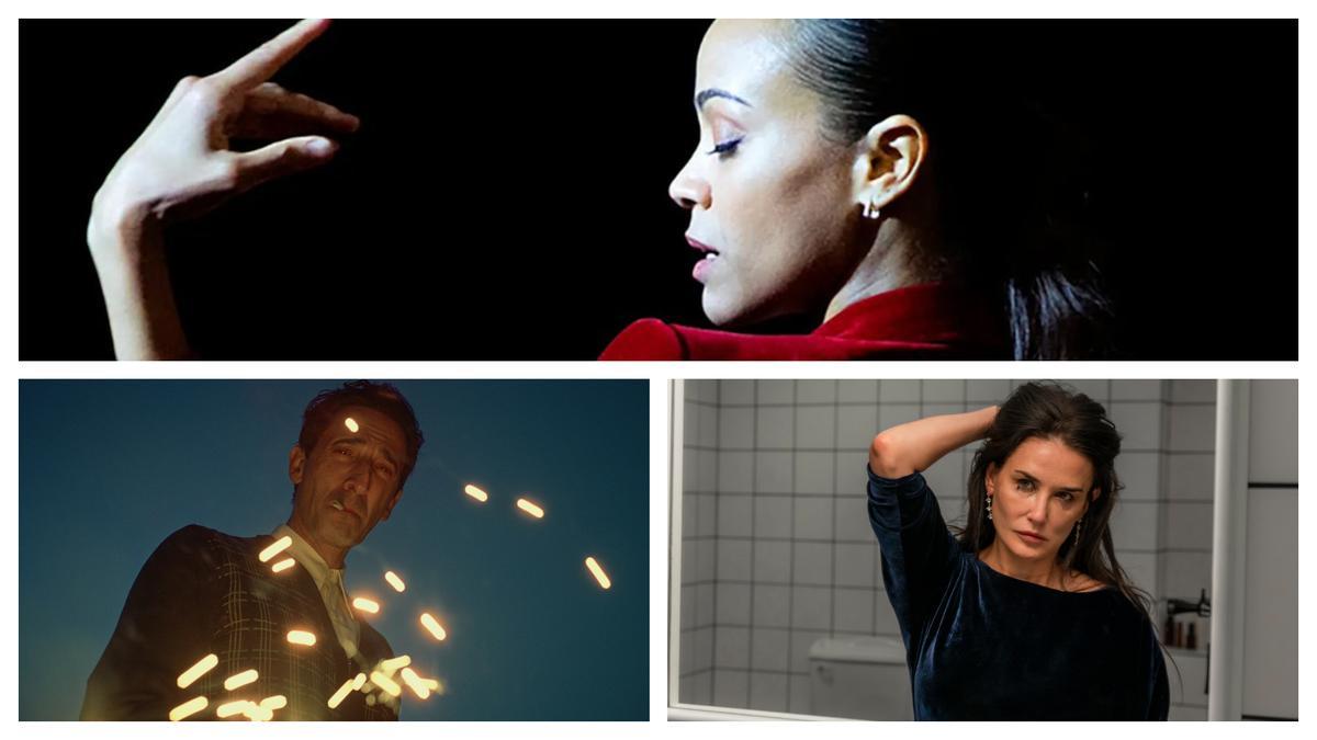 Imagénes de 'Emilia Pérez' (arriba), 'The Brutalist' y 'La sustancia'