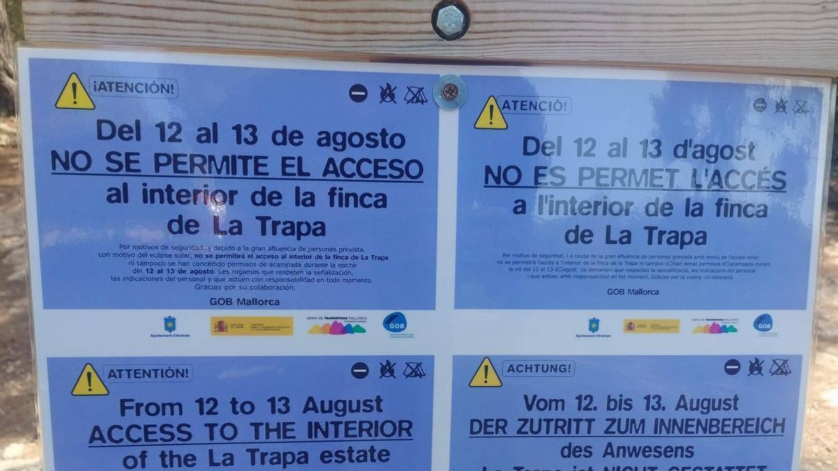 Cartel que indica la protección para acceder a La Trapa el día del eclipse