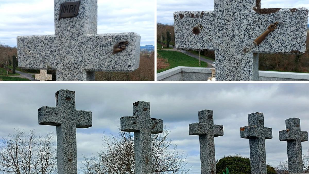 Cruces de piedra del cementerio de Pontefechas de las que arrancaron figuras de cristos de metal.