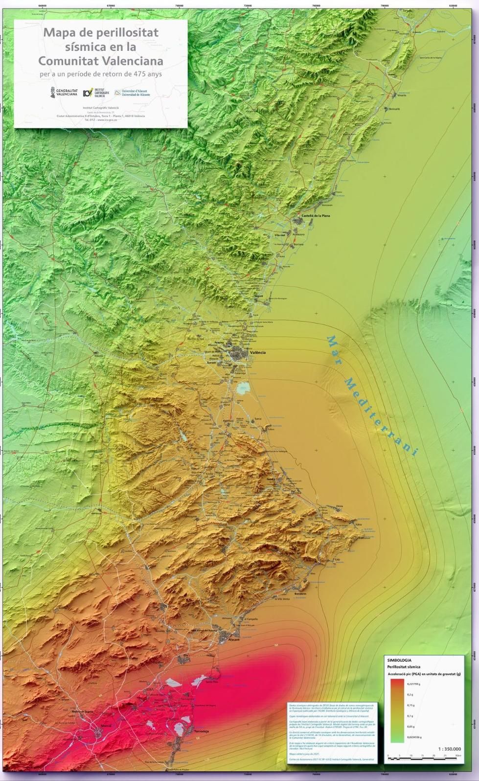 Mapa de peligrosidad sísmica en la Comunidad Valenciana.