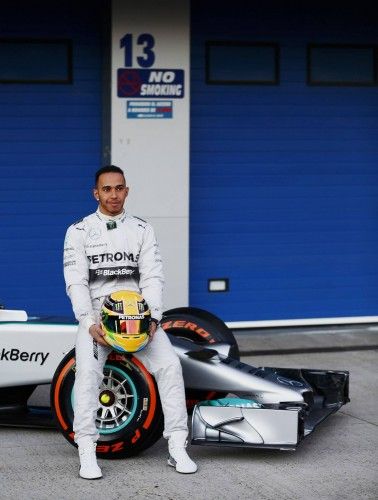 Mercedes Formula One racing driver Lewis Hamilton of Britain poses during the official presentation of the new Mercedes F1 W05 car at the Jerez racetrack in southern Spain
