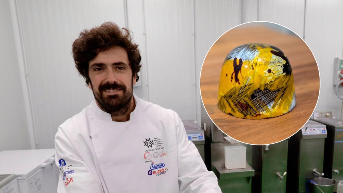Jesús Valdés López y en el círculo el bombón "Besu de Fumu"