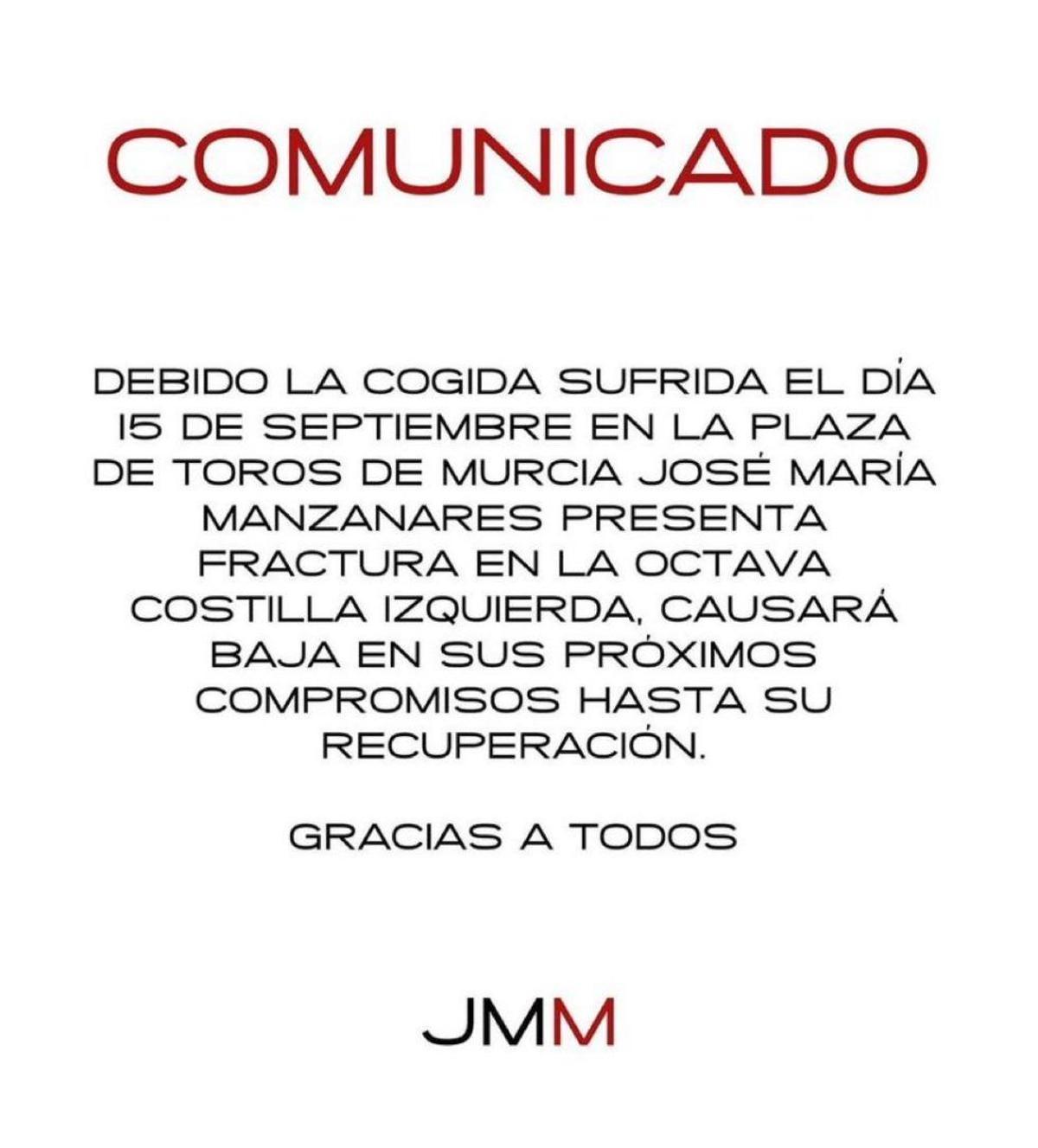 El parte médico de Manzanares por el que causa baja.