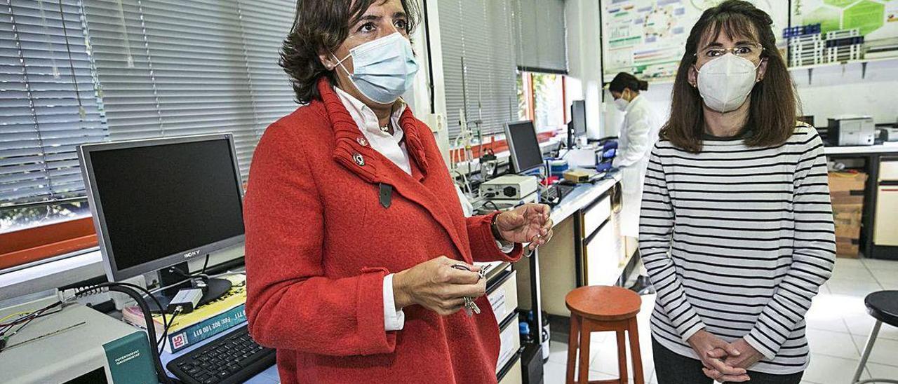 Las investigadoras de la Facultad de Química María Montes Bayón (a la izquierda) y Noemí de los Santos, en el laboratorio de electroquímica.