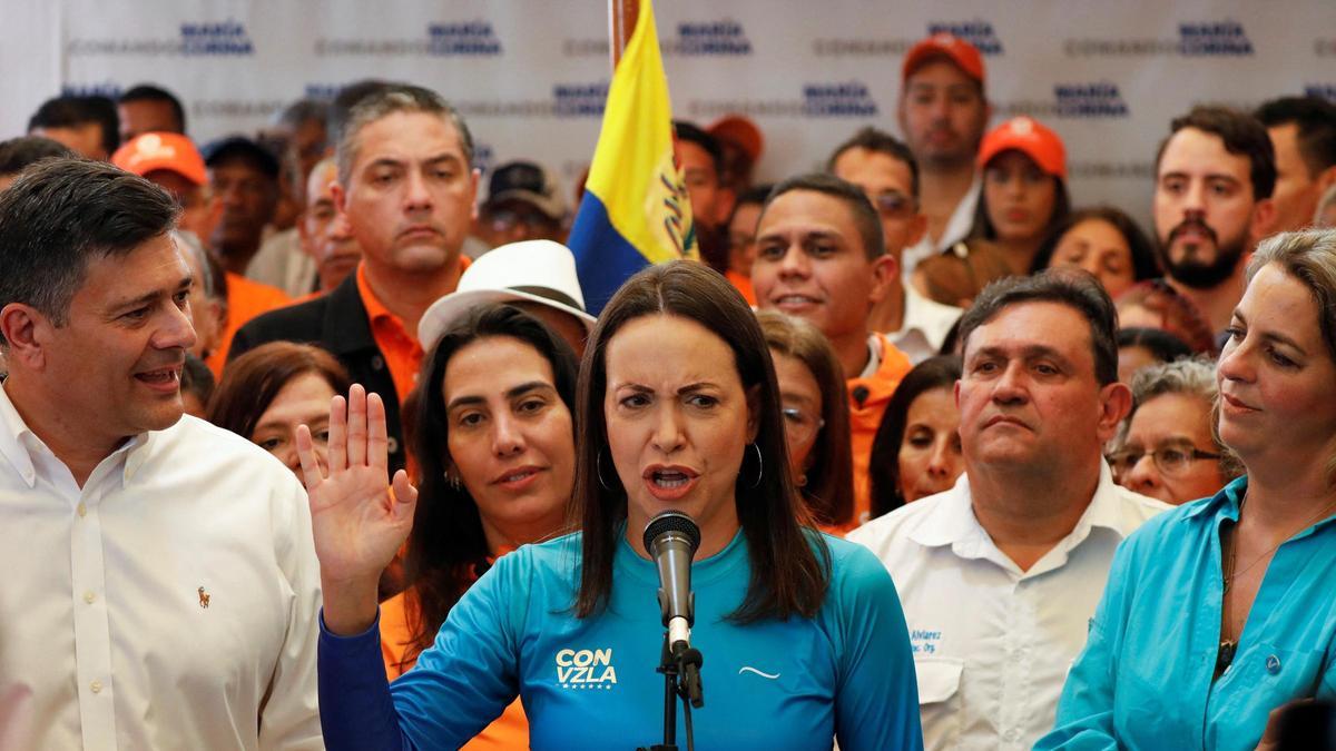 Corina Machado, la candidata opositora de Vente Venezuela, durante una rueda de prensa en Caracas el pasado 13 de octubre.