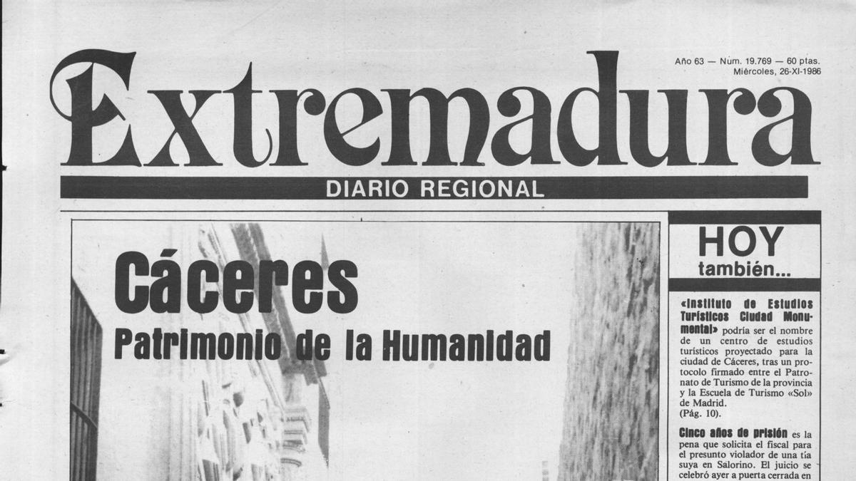 Portada del 26 de noviembre del 86 de El Periódico Extremadura.
