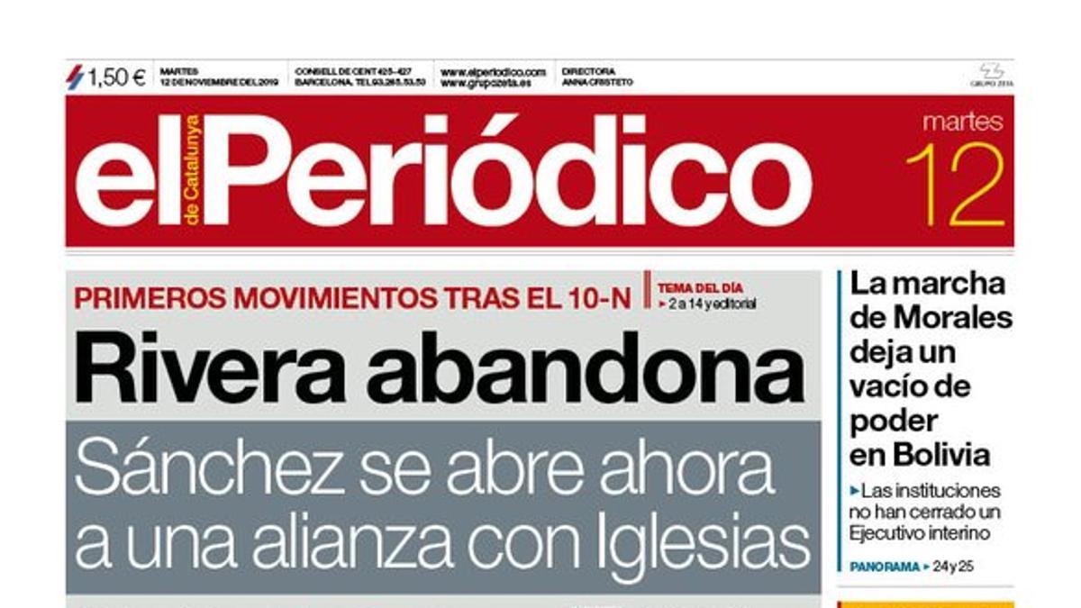 La portada de EL PERIÓDICO del 12 de noviembre del 2019.