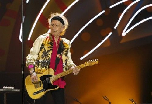 Keith Richards of British veteran rockers The Rolling Stones performs with his band members Mick Jagger, Ronnie Wood and Charlie Watts during a concert on their  "Latin America Ole Tour" in Santiago, Chile