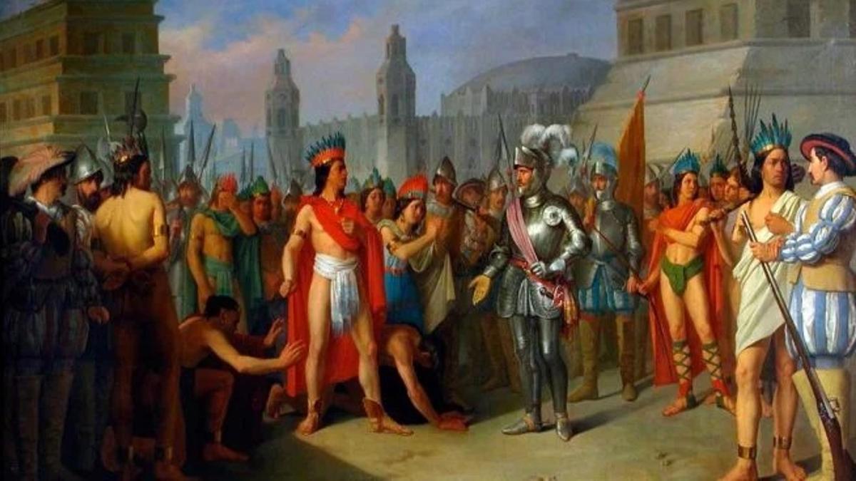 Uno de los numerosos cuadros que recrean el primer encuentro entre Hernán Cortés y Moctezuma II.