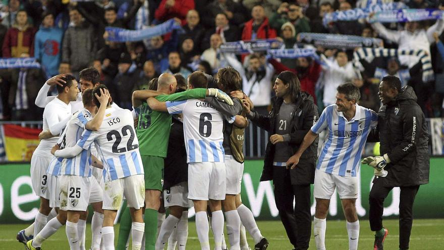 El Málaga CF celebra un histórico pase a cuartos de final de la Champions League en 2013. |