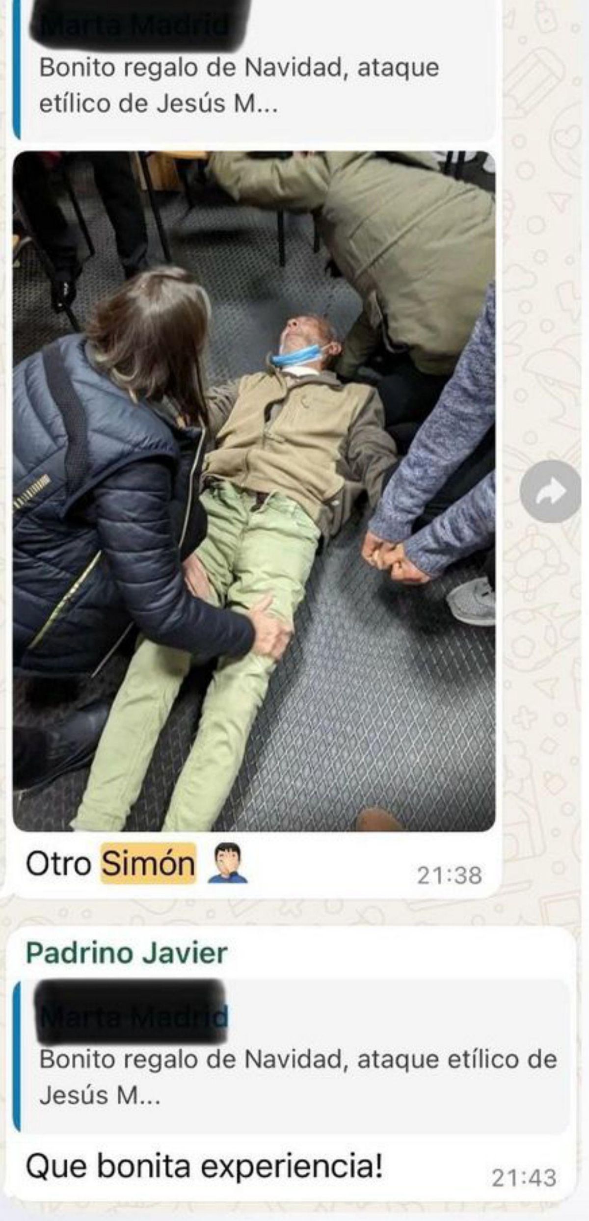 Llaman «regalo» a que un alcohólico convulsione
En un grupo de WhatsApp de esta supuesta secta describen un «ataque etílico» (síndrome de abstinencia con convulsiones) ocurrido un 24 de diciembre como un «bonito regalo de Navidad» y una «bonita experiencia».