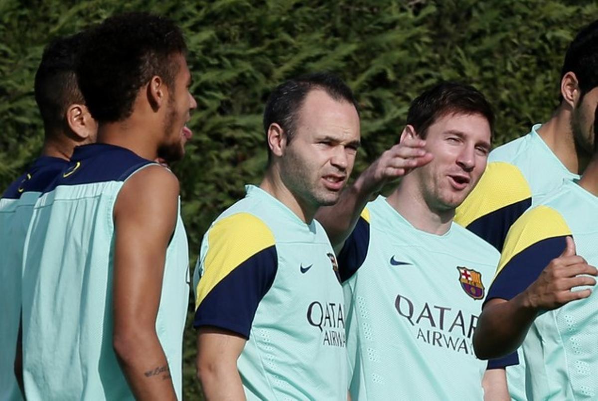 Neymar, Iniesta i Messi, aspirants a la Pilota d’Or 2013, la setmana passada, en un entrenament.