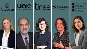 Cinco expertos entrevistados por Activos (de izq. a dch.): María Matos (Fotocasa), Germán Pérez Barrio (UVE Valoraciones), Cristina Arias (Tinsa), Judit Montoriol (CaixaBank Research) y Paloma Arnaiz (AEV)