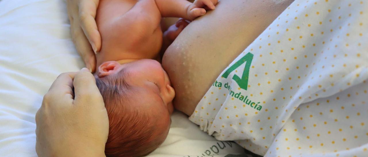 Un recién nacido es amamantado por su madre en el Hospital Materno Infantil de Málaga.