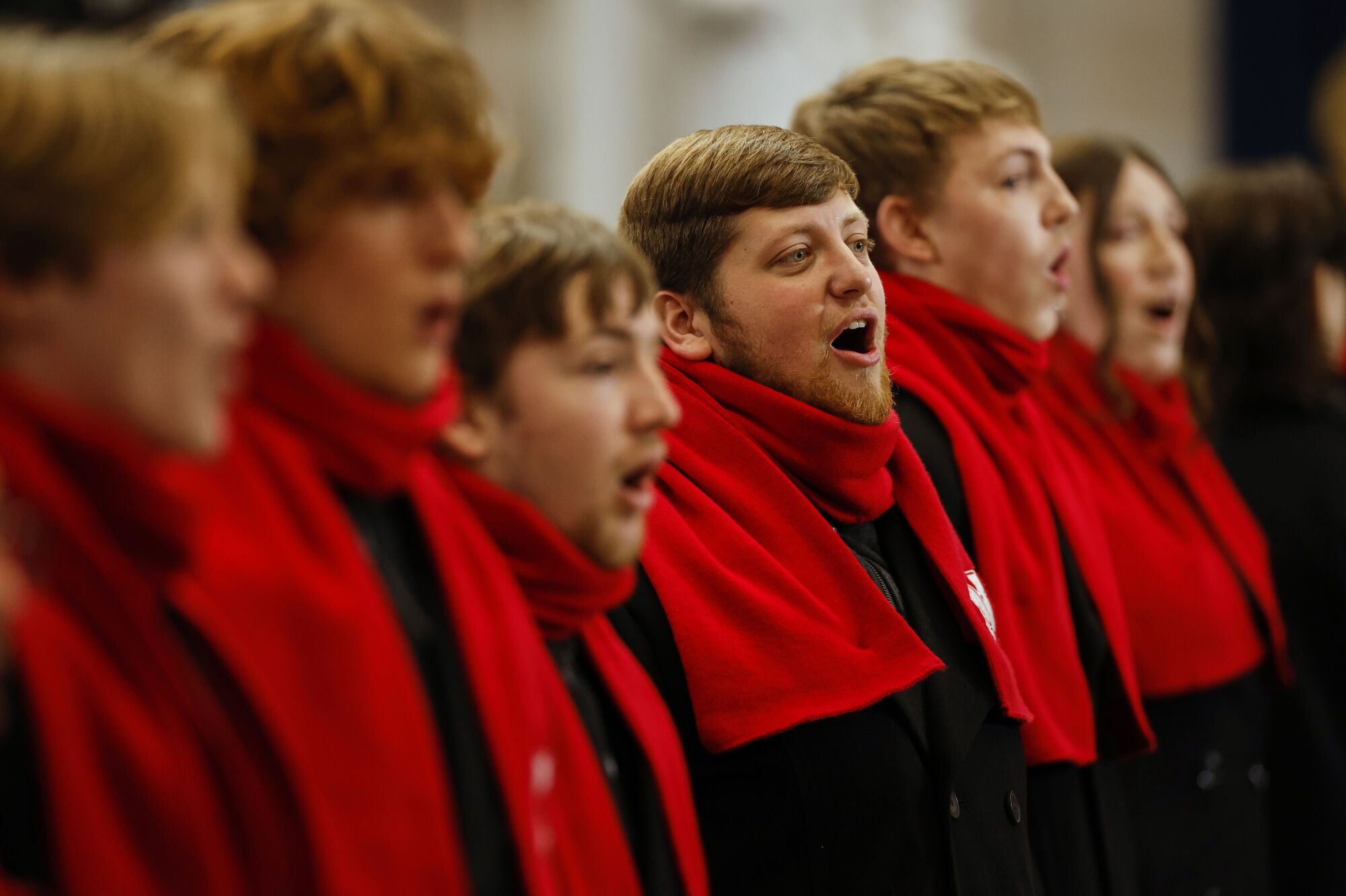Choir students from the University of Nebraska-Lincoln practice before the 60th Presidential Inauguration in the Rotunda of the U.S. Capitol in Washington, Monday, Jan. 20, 2025. (Chip Somodevilla/Pool Photo via AP). POOL IMAGE