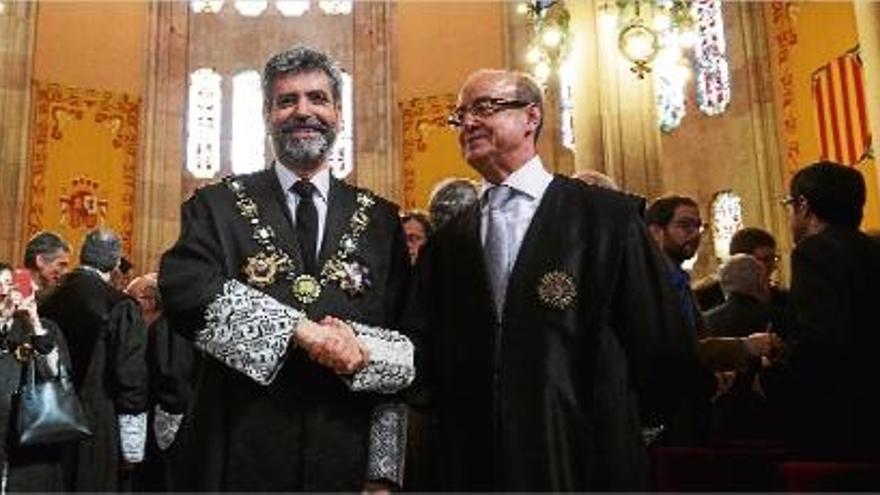 El president del TSJC, Jesús María Barrientos, amb el president del Suprem, Carlos Lesmes.