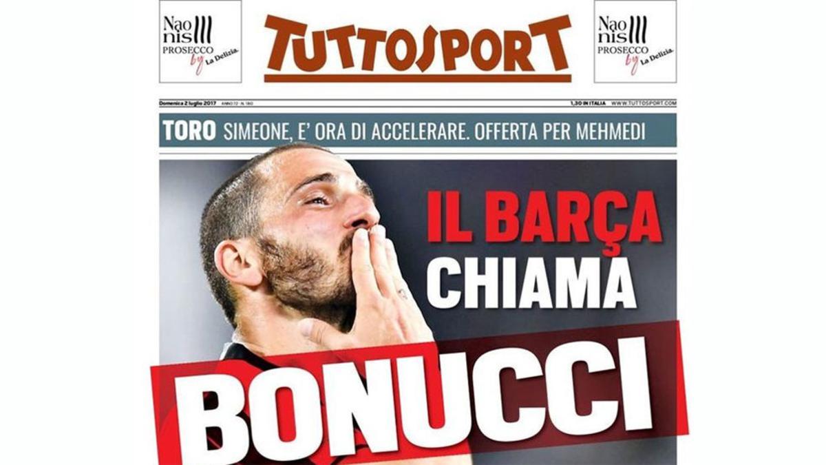 La portada de 'Tuttosport' adelantando el interés del Barça por Bonucci