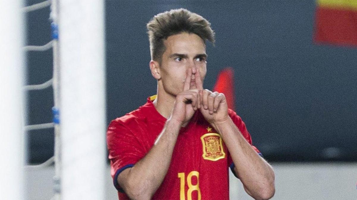 Denis Suárez celebra su gol en el España-Dinamarca sub-21 (3-1) disputado en la Nueva Condomina de Murcia
