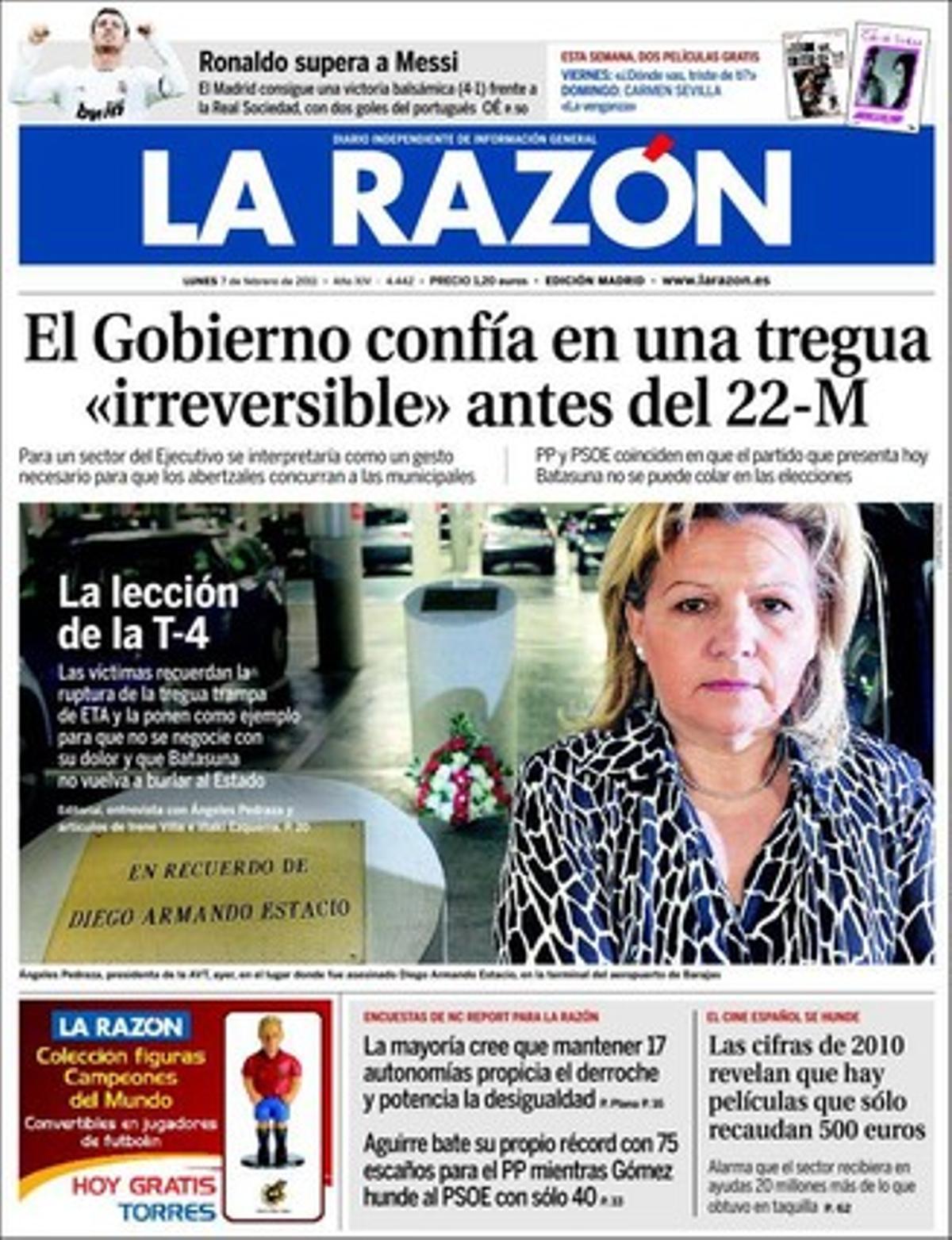 ’La Razón’ dóna rellevància en pàgines interiors al fet que el 70% dels espanyols limitaria la despesa de les comunitats autònomes, i a unes declaracions d’Ángeles Pedraza, presidenta de l’Associació de Víctimes del Terrorisme (AVT): Si deixen que Batasuna hi sigui s’hauran d’enfrontar a totes les víctimes .