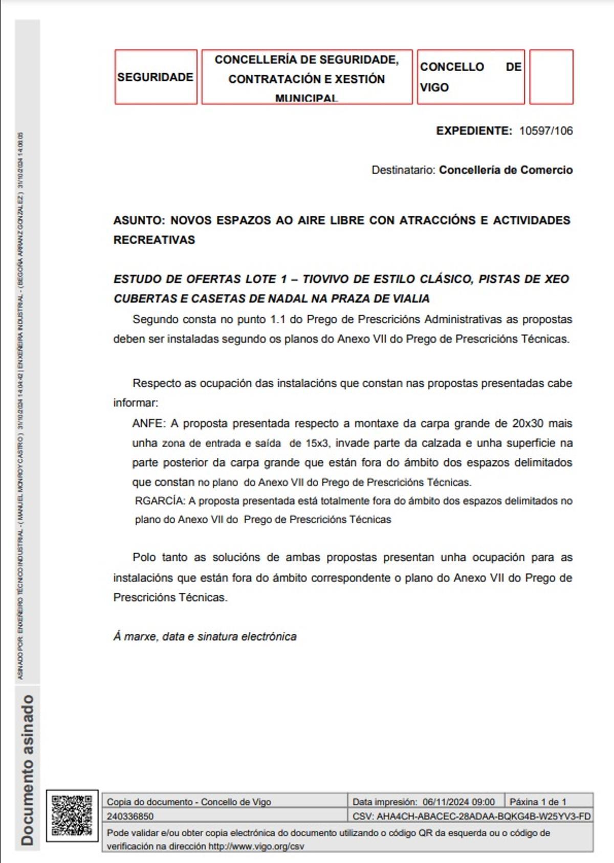 Informe de la Concejalía de Seguridad, Contratación y Gestión Municipal de Vigo.