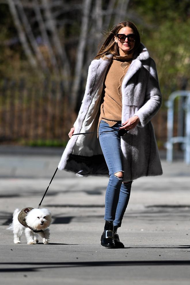 Olivia Palermo paseando a su perro por Nueva York