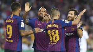 Suárez celebra un gol con el Barça esta temporada