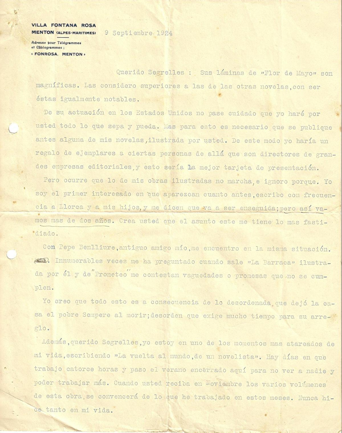 Carta de Blasco Ibáñez del 9 Septiembre de 1924 a José Segrelles.