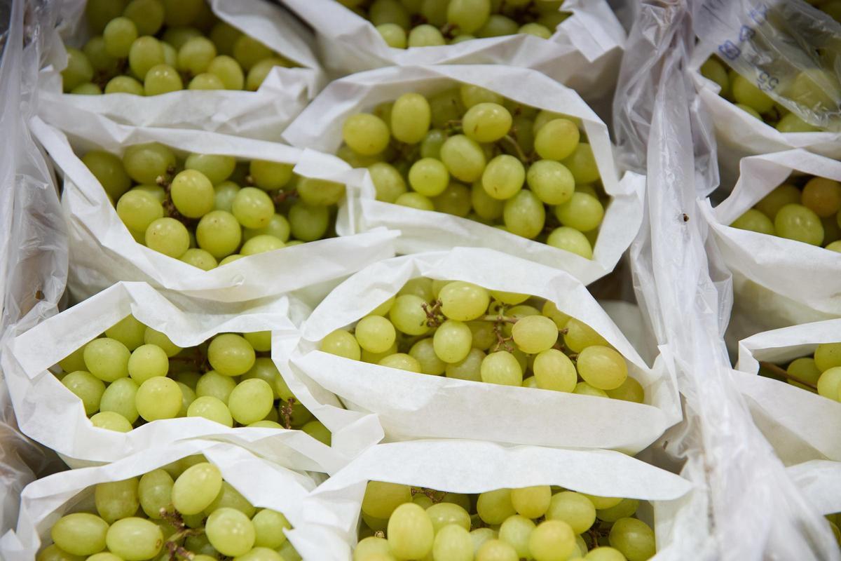 Racimos de uvas en un expositor de una frutería en un mercado.