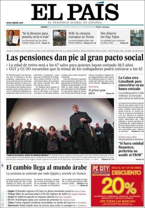 ’El País’ destaca a dins que el jutge acosta Camps al banc dels acusats pel cas dels vestits, que les caixes creuen que el crèdit caurà per les noves normes, i que Elena Salgado declara: Si jo fos una entitat financera preferiria no acudir al FROB. També que Artur Mas planeja vendre edificis públics per pagar deutes, que la natalitat cau a mínims a Espanya pel retard en l’edat de maternitat, i que el Govern dictarà avui dos nous decrets per endurir la normativa contra la contaminació de l’aire.