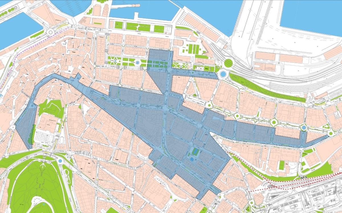 Plano de calles de acceso restingido a residentes durante la Navidad de Vigo 2025.