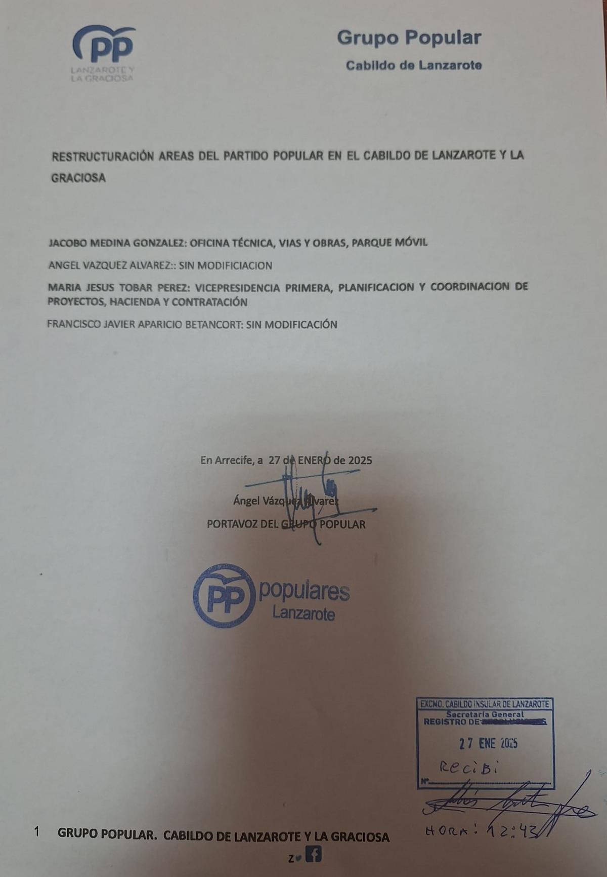 Escrito del PP de reestructuración de áreas de gobierno en el Cabildo de Lanzarote