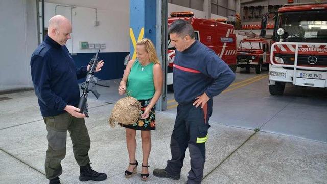 El experto en velutinas y el coordinador de Emerxencias y la edil de Seguridad Ciudadana, con el arma y un nido.