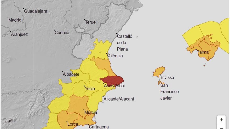 La Aemet ha activado la alerta roja por fuertes precipitaciones al sur de Valencia y norte de Alicante.