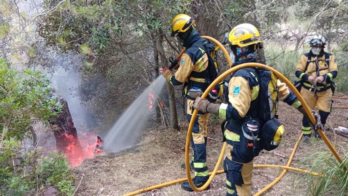 Dos bomberos tratan de apagar un incendio.