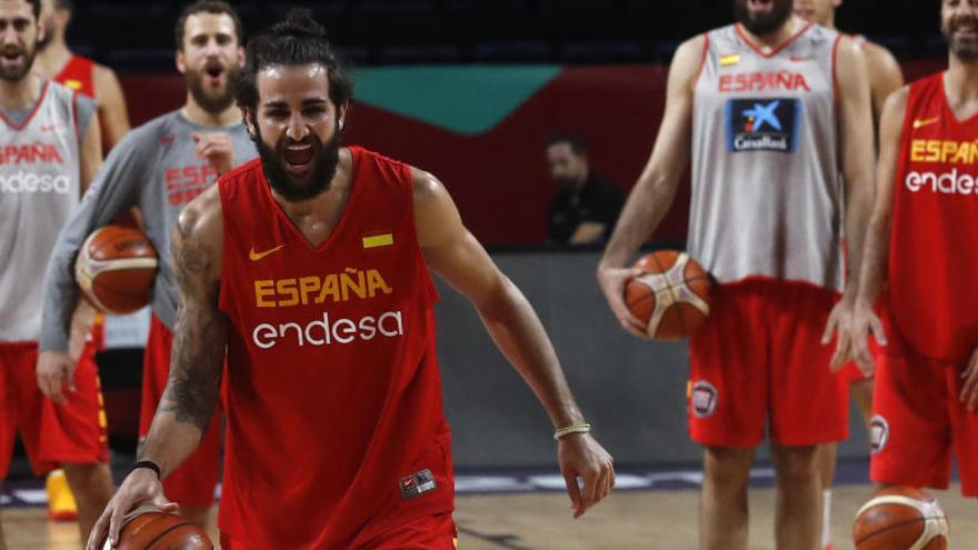 Ricky Rubio durante un entrenamiento con España.