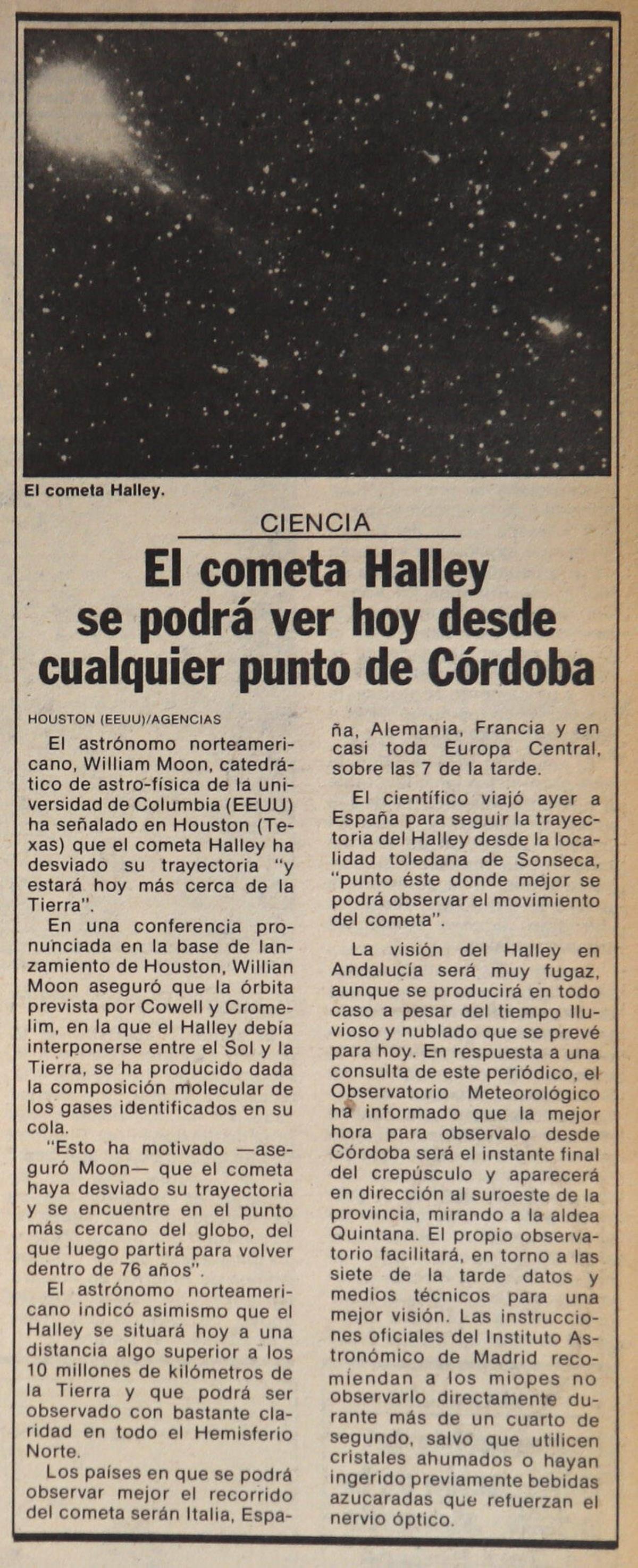 Inocentada sobre el próximo avistamiento del cometa Halley, en 1985.