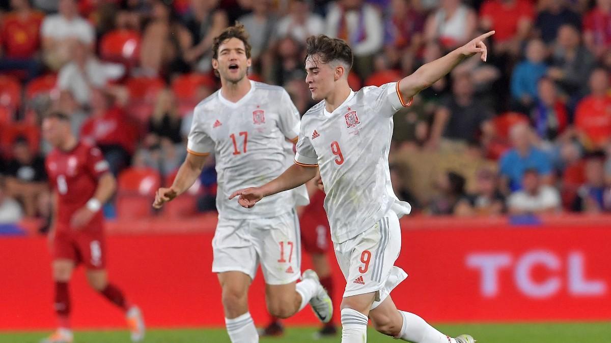 Gavi celebra su primer gol con la selección