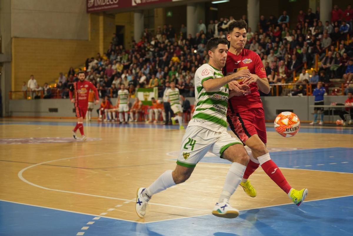 Ismael López pugna con Ricardo en el partido entre el Córdoba Futsal y ElPozo Murcia en Vista Alegre.
