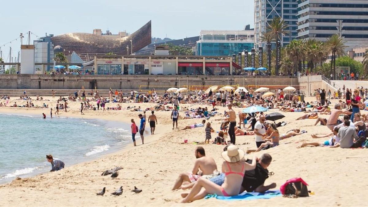 Gente en la playa de la Nova Icaria tras el temporal Gloria.