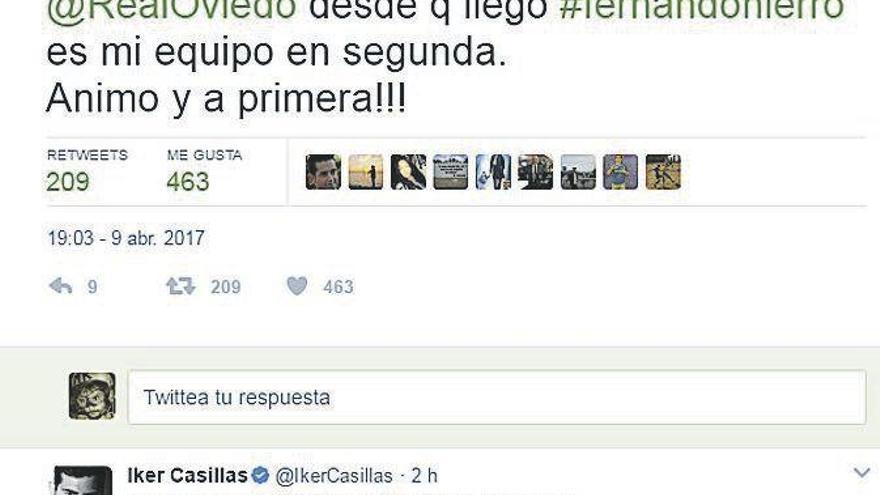 El tuit de apoyo al Oviedo que escribió ayer Sanchís en su cuenta, contestado por Casillas.