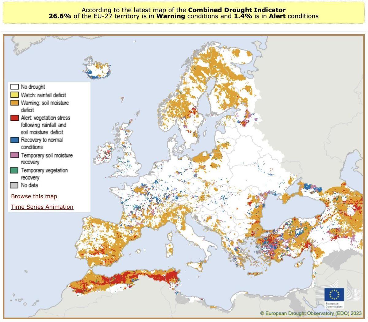 Mapa de sequía europeo que genera el Observatorio Europeo de la Sequía