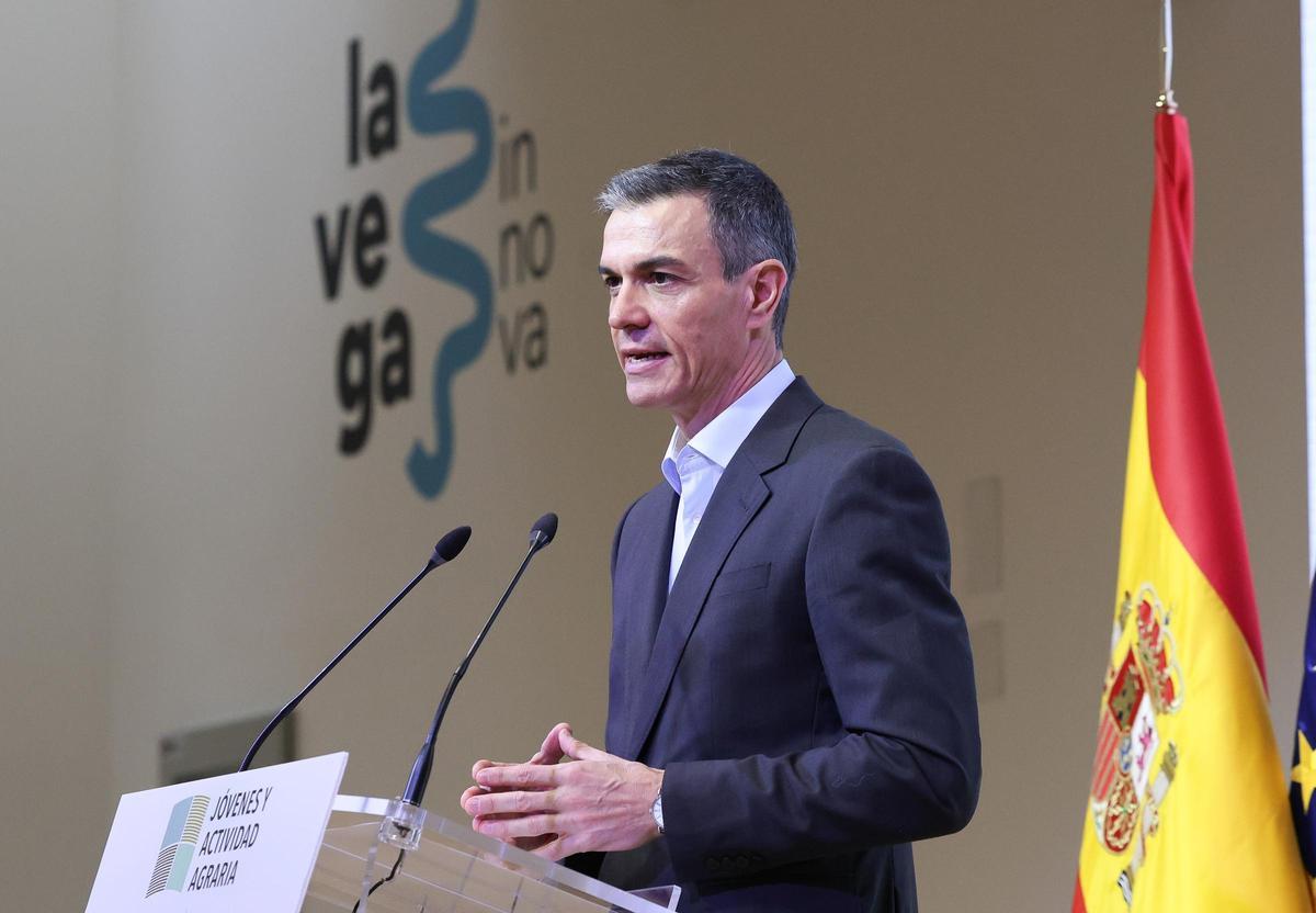 El presidente del Gobierno, Pedro Sánchez, durante el acto de presentación de las medidas para facilitar el acceso a la actividad agraria, en el iHub La Vega Innova, a 14 de enero de 2026, en San Fernando de Henares, Madrid (España). Durante el encuentro,