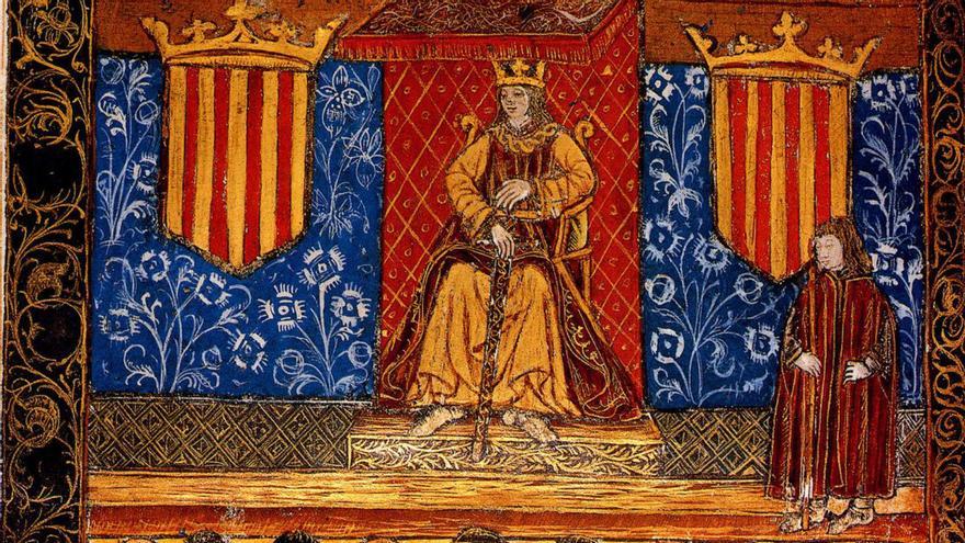 Fernando II entre dos escudos del Señal Real de Aragón.