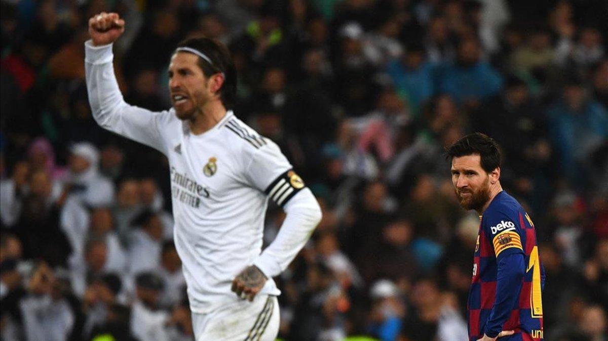 Ramos celebra la victoria del Madrid ante el Barça