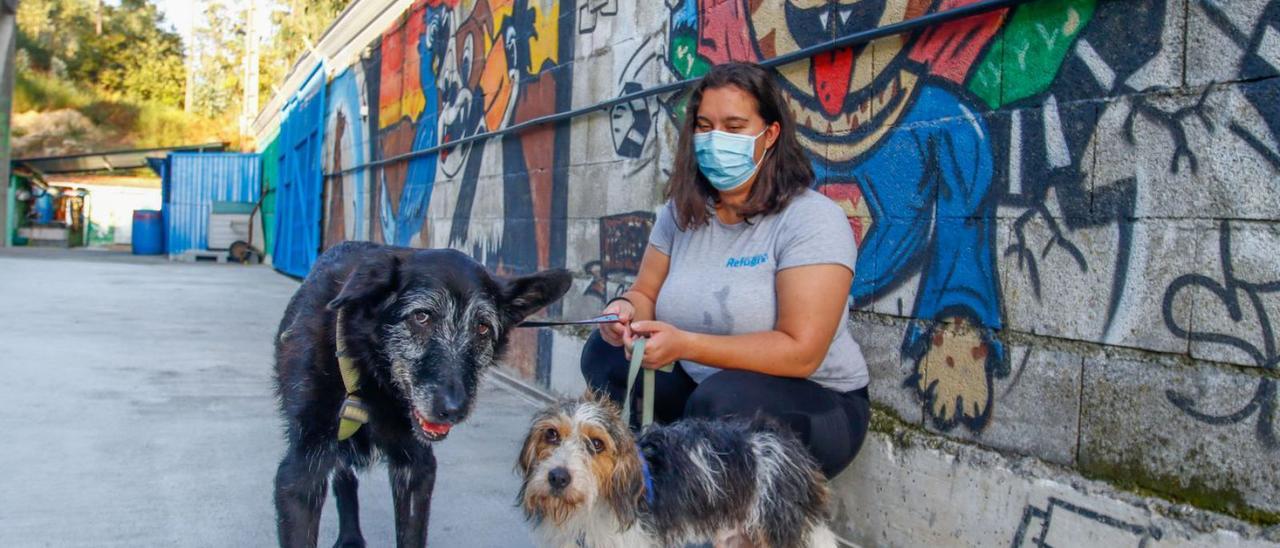 Una voluntaria del Refugio de Animales de Cambados, junto a dos perros acogidos en el centro.