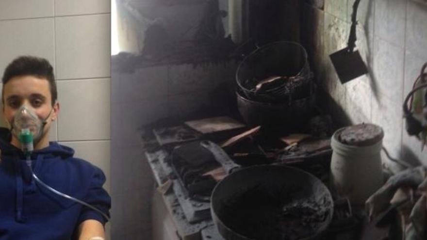 Gustavo, el niño héroe, feliz tras salvar la vida de sus abuelos; al lado, estado en que quedó la cocina.