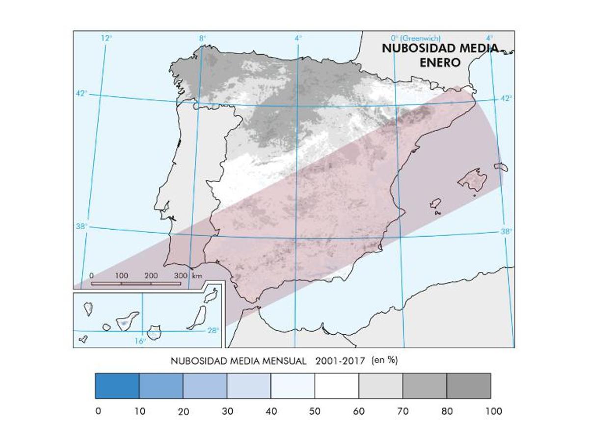 Datos de nubosidad media para enero en el período de 2001-2017