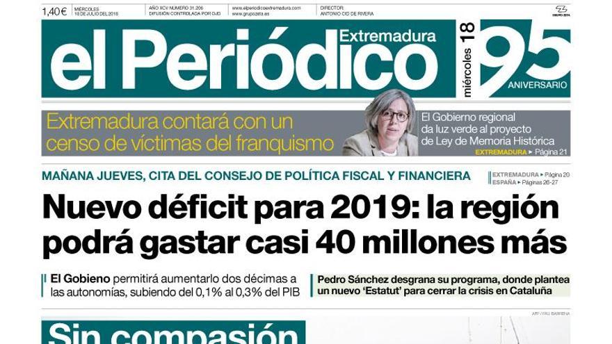 Esta es la portada de EL PERIÓDICO EXTREMADURA correspondiente al día 18 de julio del 2018